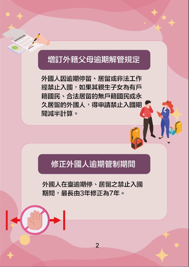資訊圖表：台灣新的移民法（2024 年 3 月 1 日生效）有關外籍父母逾期居留的處罰及修訂後的逾期居留處罰。