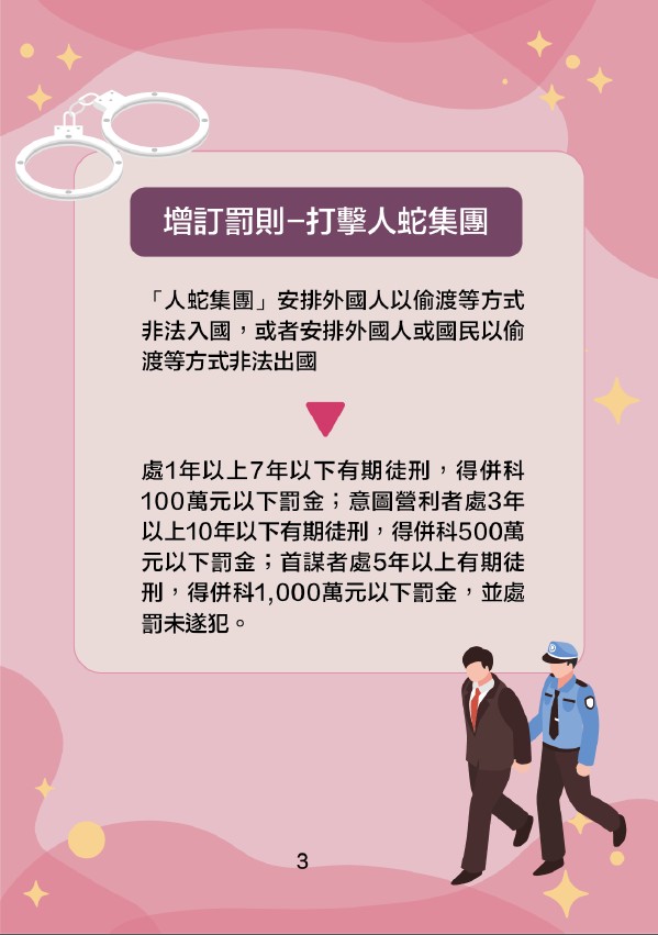 手銬插圖和詳細說明台灣修訂後的《移民法》對人口販運處罰的文字，該修訂版將於 2024 年 3 月 1 日生效。