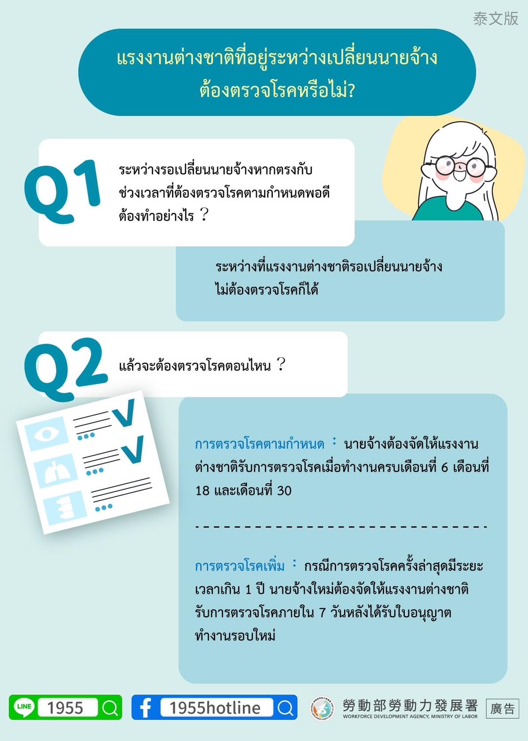 資訊圖表：更換雇主期間農民工的健康檢查要求。 關於時間和規定的問答。