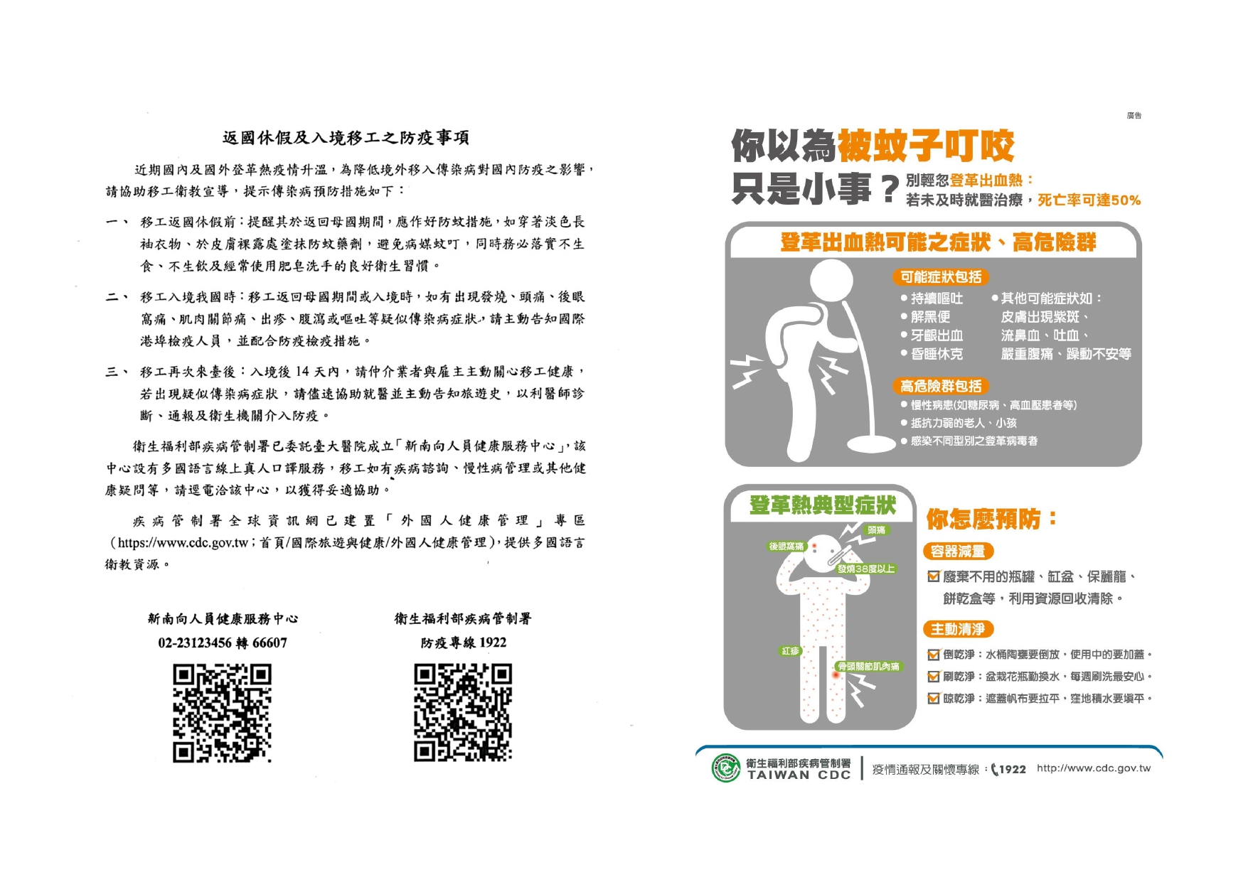 資訊圖表：返鄉移工的登革熱預防。 包括症狀、預防提示和聯絡資訊。