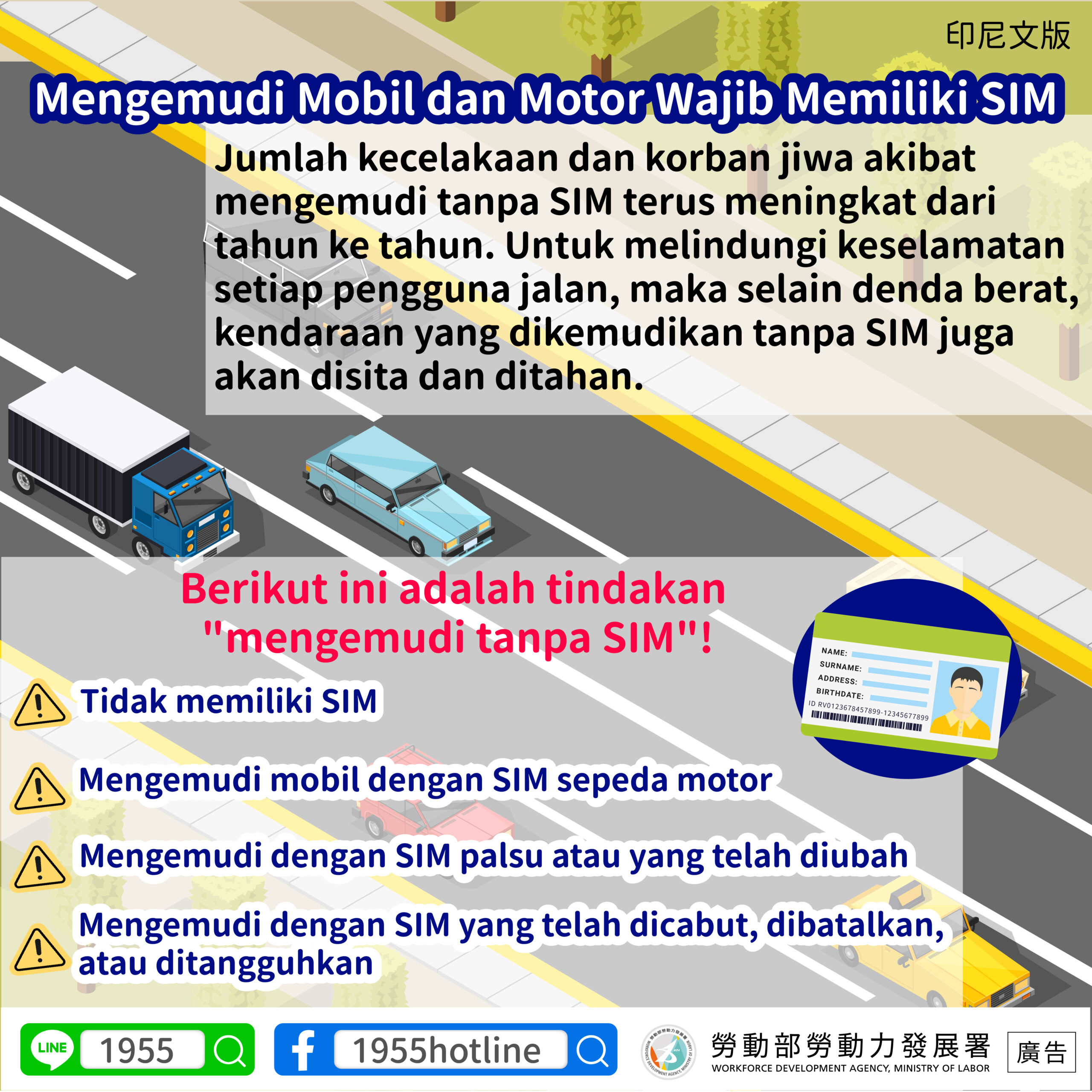 資訊圖表：無證駕駛是違法的。 後果包括罰款和扣押車輛。 撥打 1955 尋求協助。