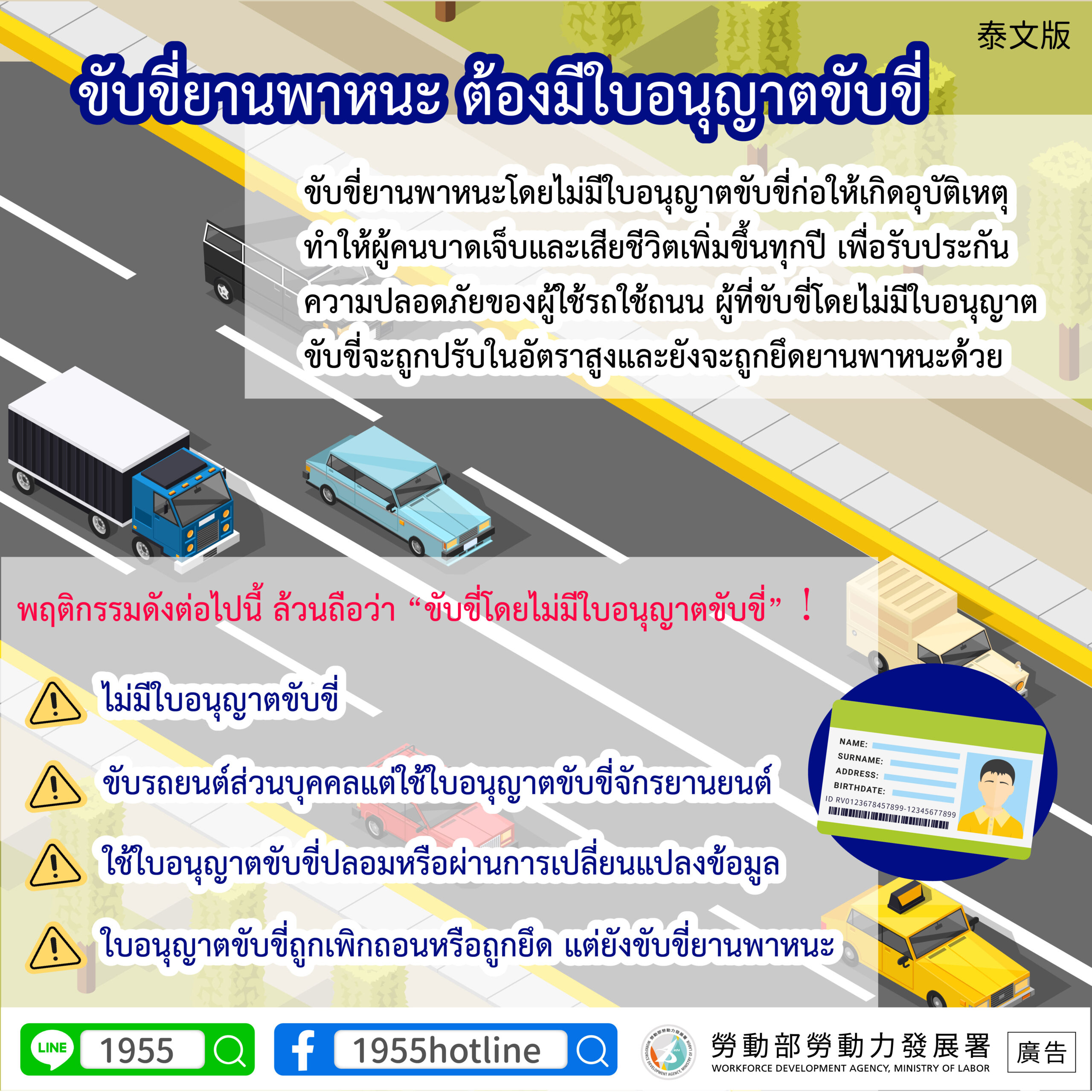 資訊圖表：無證駕駛是違法的。 沒有有效駕照就不要開車。請撥打 1955 尋求協助。