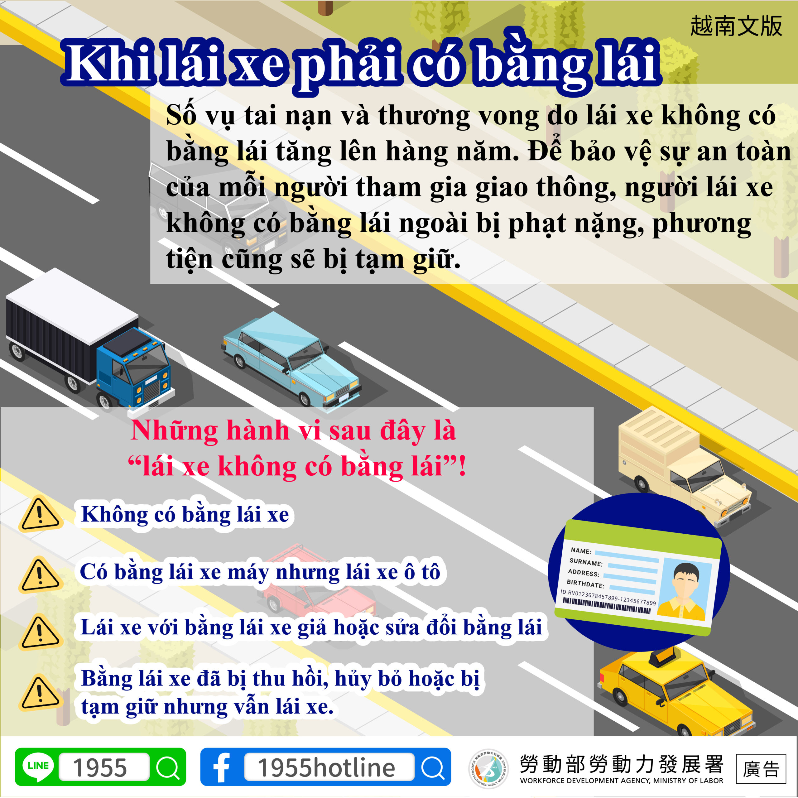 資訊圖表：在越南無證駕駛。 後果包括罰款和扣押車輛。 撥打1955或1955熱線尋求協助。