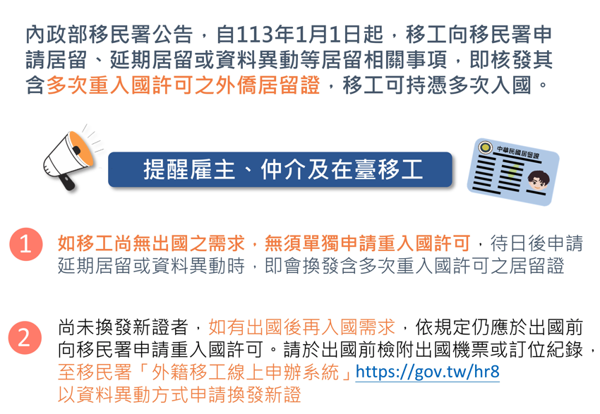 資訊圖表：台灣將於 2024 年 1 月 1 日起實施新的移工多次入境許可證。