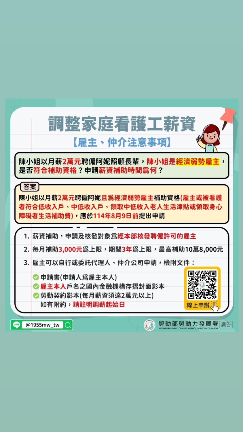 資訊圖表：台灣2024年提供低收入雇主照護人員薪資補貼。 申請截止日期：2024年8月9日。
