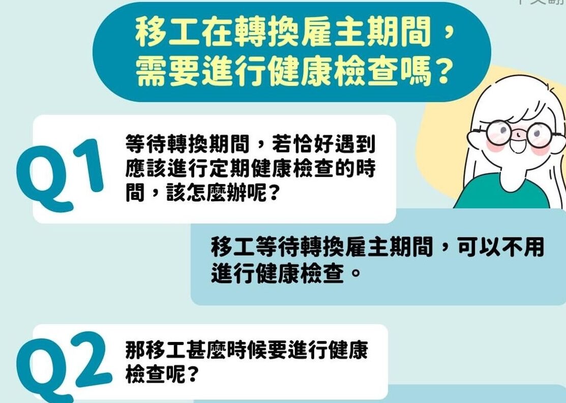 資訊圖表：移工更換雇主期間健康檢查問答。 關鍵問題：移工轉職就業需要健康檢查嗎？