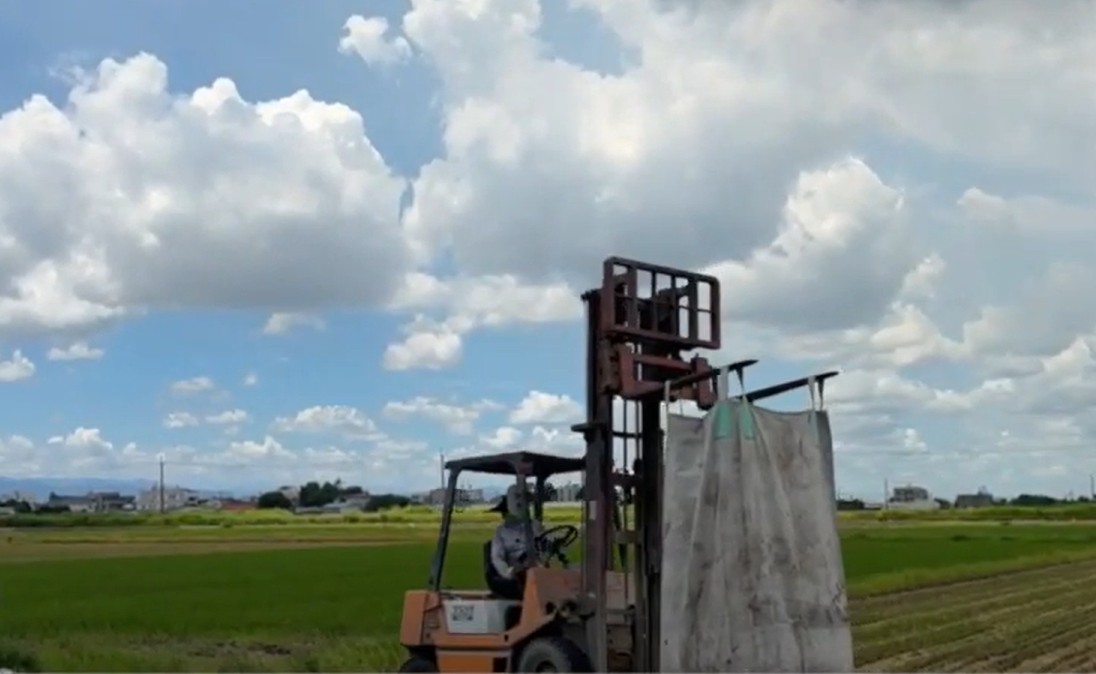 堆高機司機正在將一大袋米裝到田裡。 支持農業領域的外籍勞工。