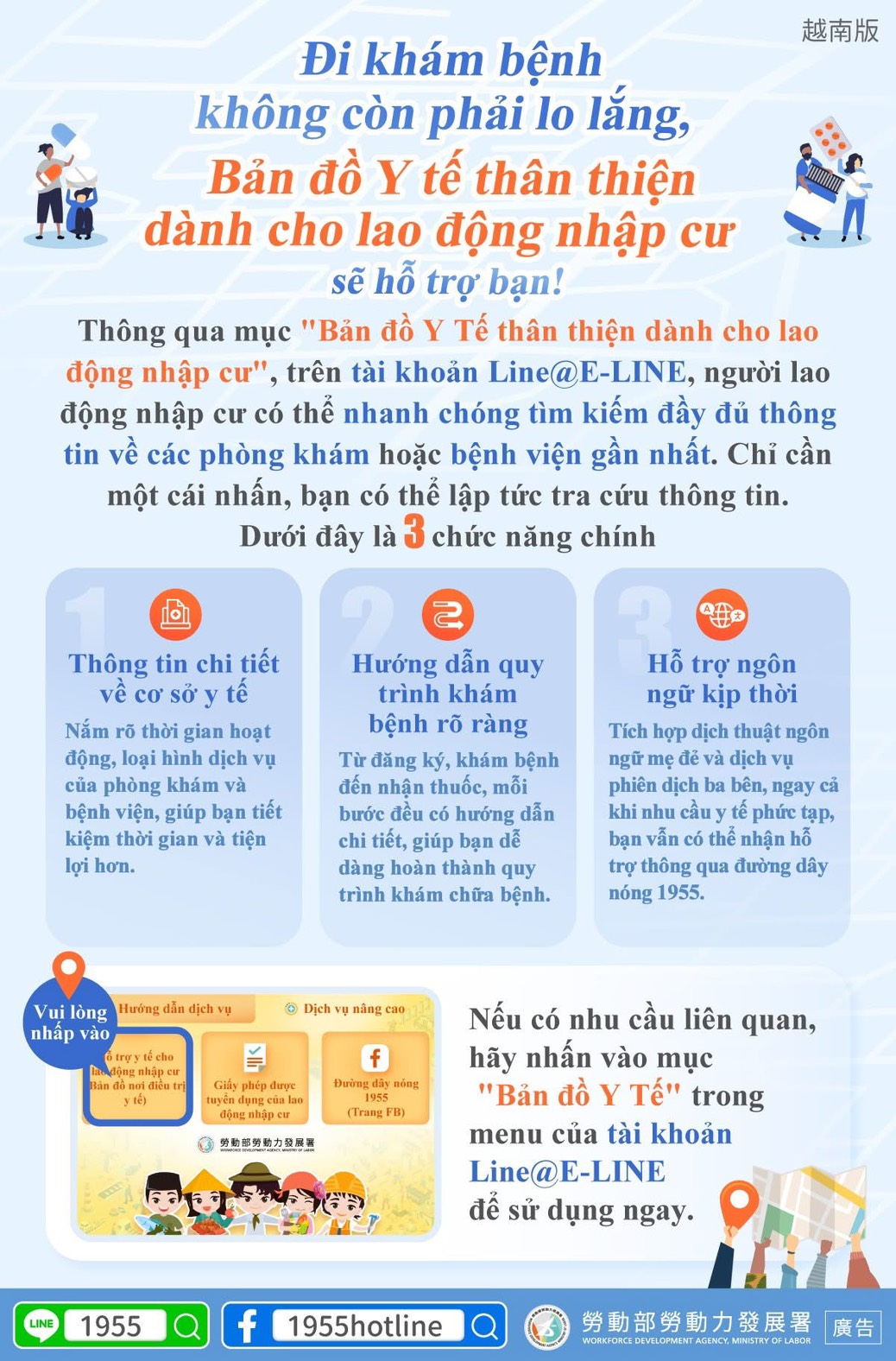 資訊圖表：越南移民工人醫療保健指南，包括地圖、電話號碼和線上資源。