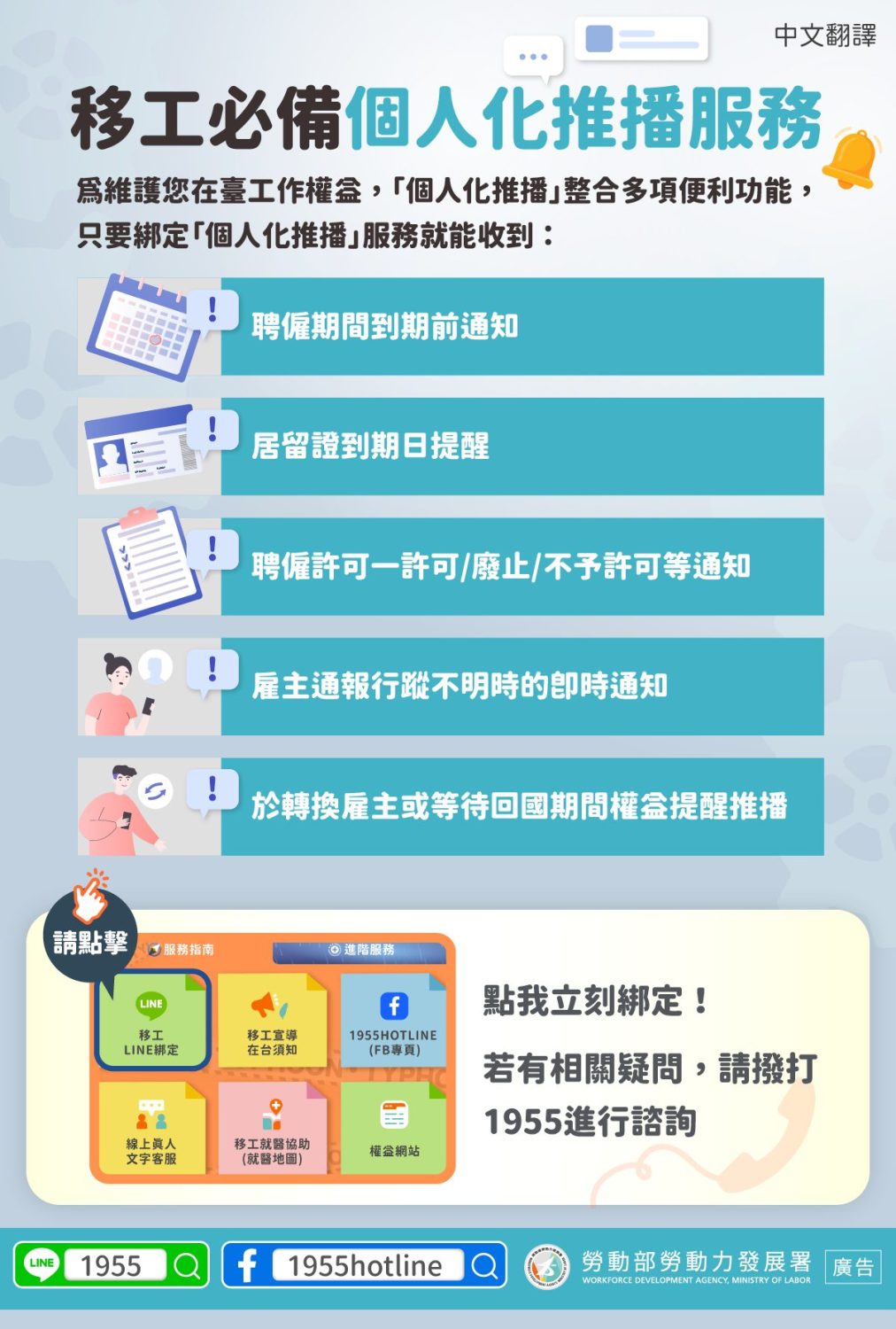 資訊圖表：台灣移工服務，包括續約通知及其他重要更新。如需協助，請聯絡 1955。