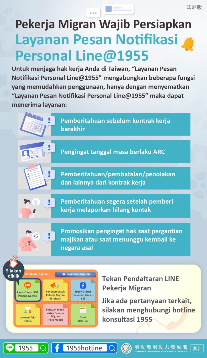 資訊圖表：台灣移工必備的LINE通知服務。立即註冊，網址：1955。