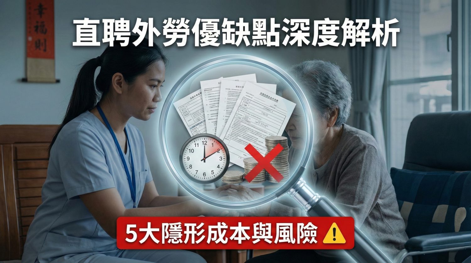 直聘外勞優缺點解析圖：看護照顧長者，放大鏡顯示文件、時鐘與金錢，警示隱形成本與風險。