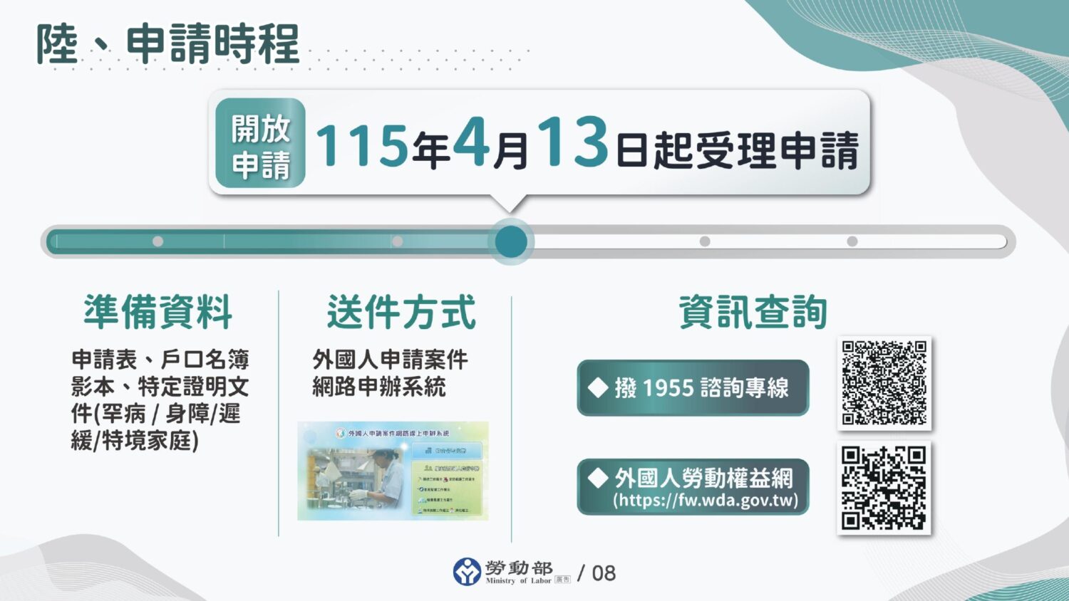 【115年新制】外籍幫傭申請時程圖：115年4月13日起受理申請，包含準備資料、送件方式、資訊查詢等。