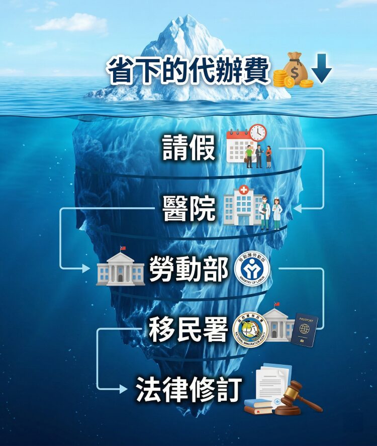 外籍看護申請冰山圖，顯示仲介費僅是冰山一角，包含請假、醫院、勞動部、移民署、法律修訂等隱藏成本。