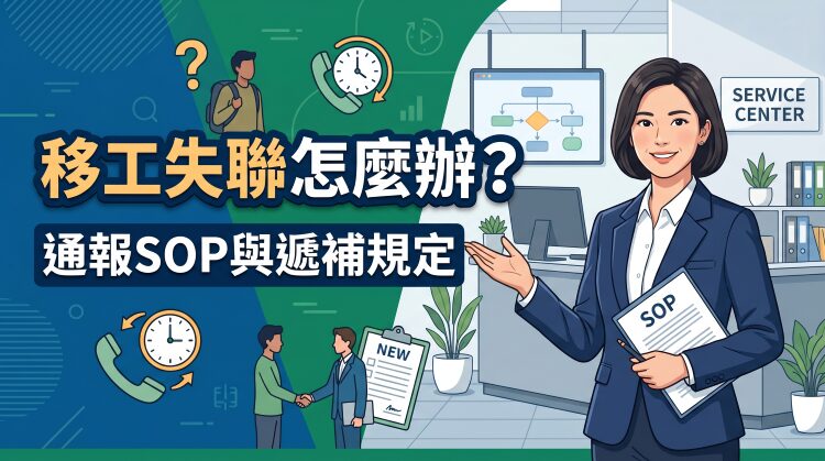 移工失聯怎麼辦？圖示說明通報SOP與遞補規定，包含聯絡電話、合約、服務中心