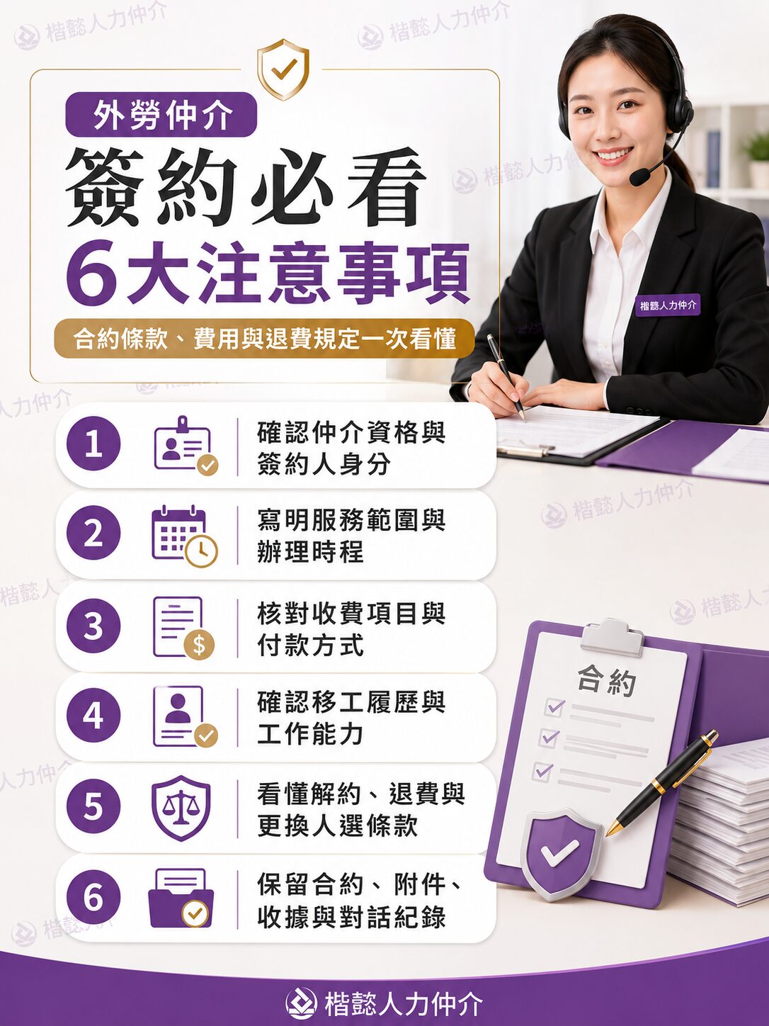 外勞仲介簽約注意事項,包括六大合約條款與費用說明
